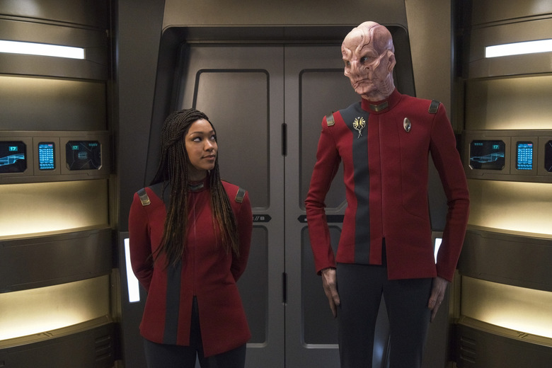 Pictured: Sonequa Martin Green as Burnham and Doug Jones as Saru of the Paramount+ original series STAR TREK: DISCOVERY. Photo Cr: Michael Gibson/Paramount+ (C) 2021 CBS Interactive. All Rights Reserved.