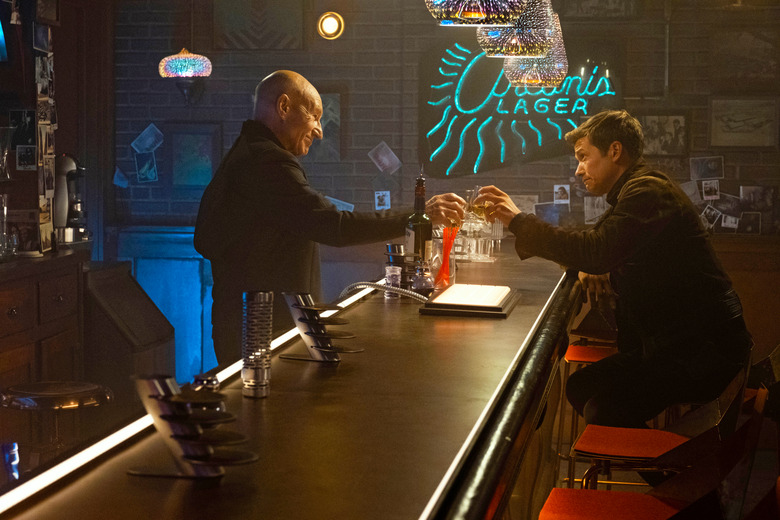 Patrick Stewart as Picard and Ed Speleers as Jack Crusher in 