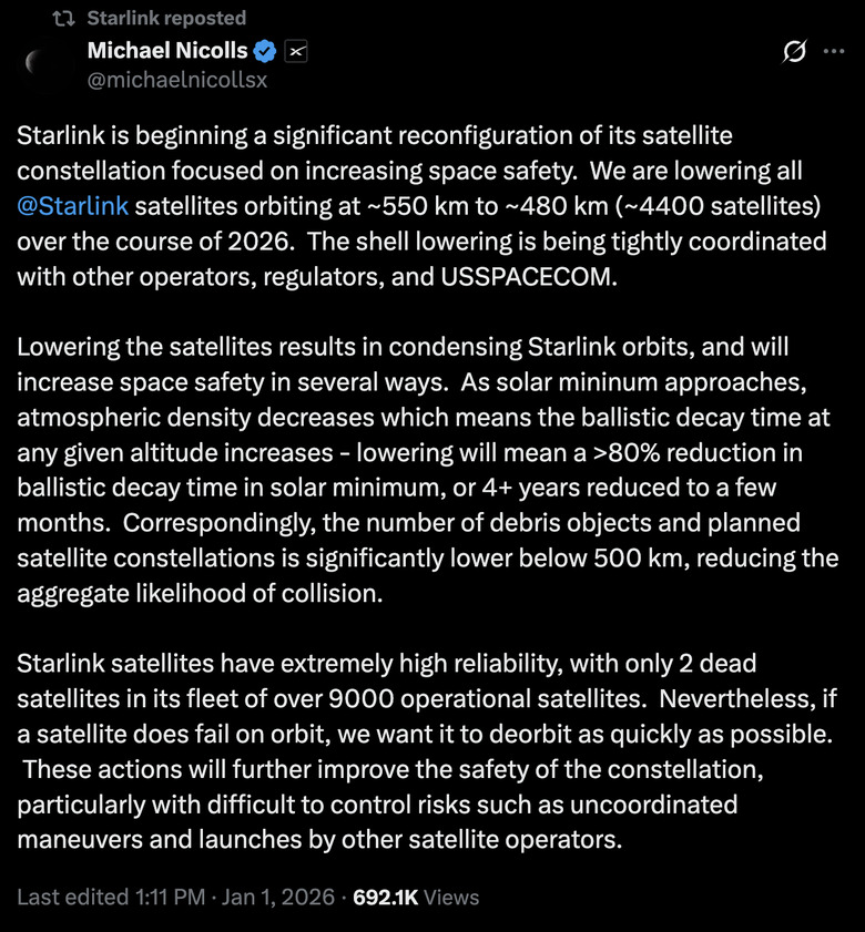 A screenshot of an X post by Starlink VP of engineering Michael Nicolls announcing that satellites orbiting at around 500 kilometers will be lowered to 480km