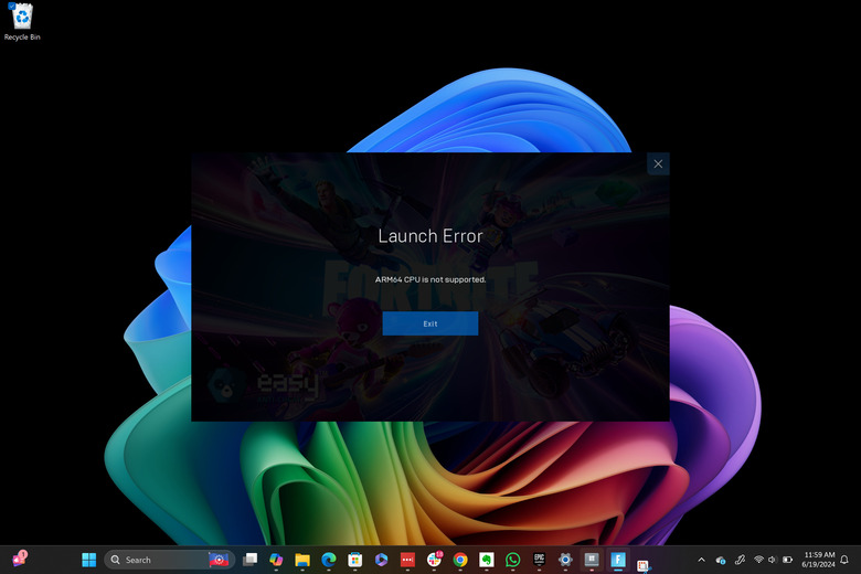 The error message that appears when launching Fortnite on the Surface Pro.