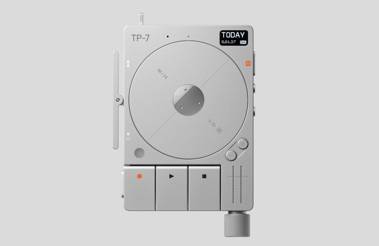 A product photo of the Teenage Engineering TP-7 field recorder. 