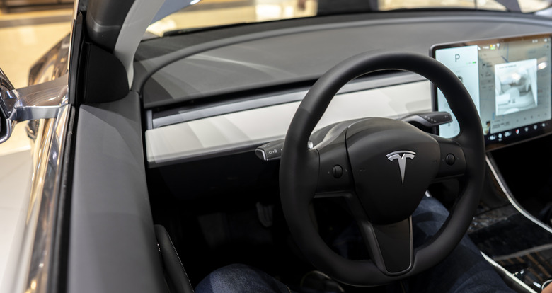 TIANJIN, CHINA - 2020/02/09: Driver's cab of a Tesla Model 3 car.   On the weekends, Tesla cars are exhibited in a shopping mall, open to the shoppers to have a fresh trial experience. (Photo by Zhang Peng/LightRocket via Getty Images)