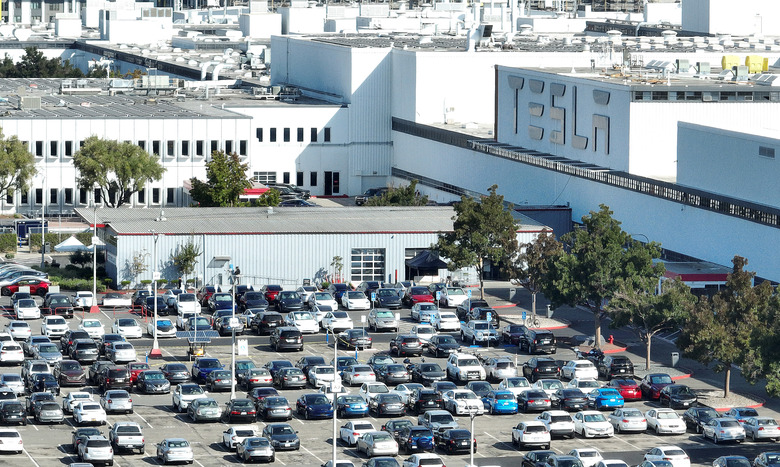 FREMONT, CALIFORNIA - SEPTEMBER 18: In an aerial view, the exterior of the Tesla automotive company manufacturing facility is seen on September 18, 2023 in Fremont, California. Israeli Prime Minister Benjamin Netanyahu is visiting the Tesla manufacturing facility with CEO Elon Musk and other tech firms in Silicon Valley. Netanyahu will travel to New York to speak at the U.N. General Assembly and meet with U.S. President Joe Biden later in the week. (Photo by Justin Sullivan/Getty Images)