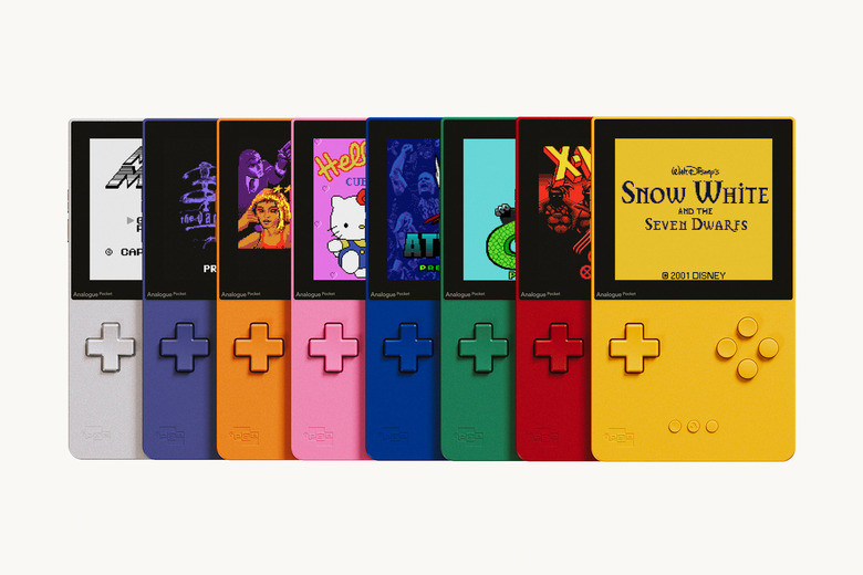 Analogue Pocket Classic Limited Edition in blue, green, indigo, spice orange, pink, red, silver and yellow.