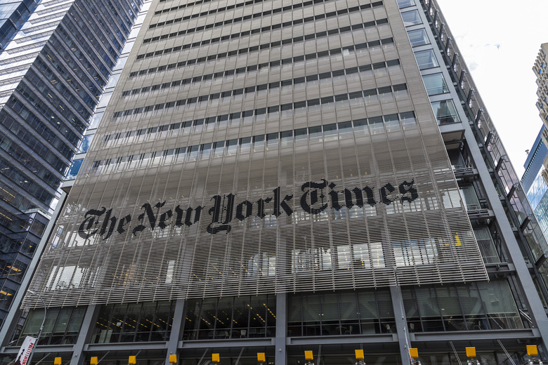 New York City, USA - August 2, 2018: Facade of The New York Times (NYT and NYTimes) headquarters on Eighth Avenue, Manhattan, New York City, USA