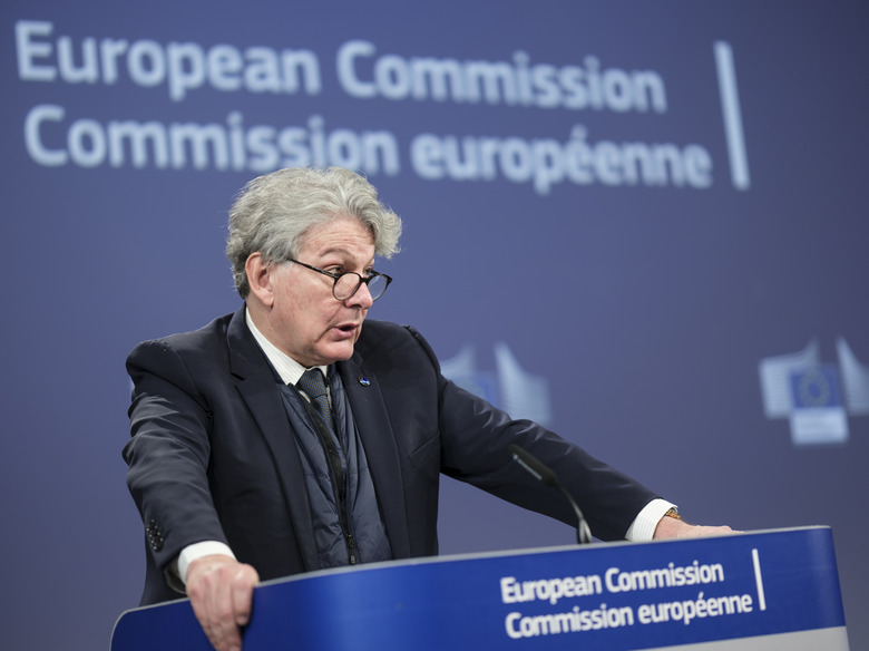 BRUSSELS, BELGIUM - APRIL 30: EU Commissioner for Internal Market Thierry Breton is talking to media in the Berlaymont, the EU Commission headquarter on April 30, 2024 in Brussels, Belgium. European Union Commission hosted the second EU-Japan Digital Partnership Council. (Photo by Thierry Monasse/Getty Images)