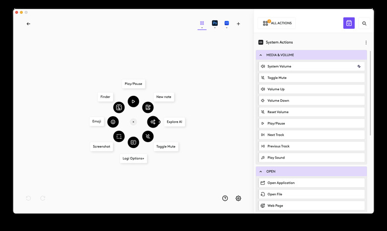 Customizing the Actions Ring in Logitech's Options+ app.