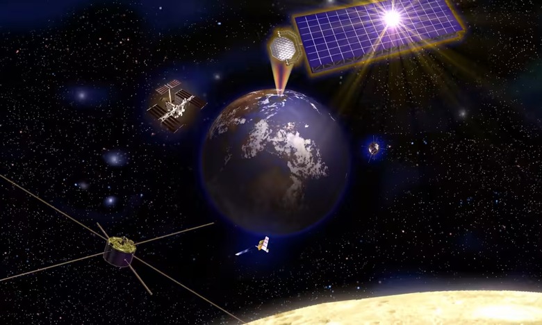 An artist's depiction of solar arrays wirelessly beaming power to Earth. 