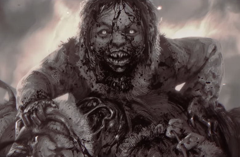 Graphic rendering of a vampire child with fangs and glowing eyes.
