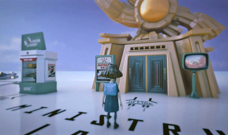 A still from the video game 'The Tomorrow Children' showing a young character in a backpack looking at an Art Deco styled elevator (that goes down only).