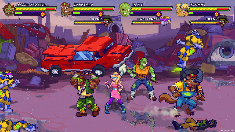Toxic Crusaders gameplay showing off four-player co-op with sidescrolling action.