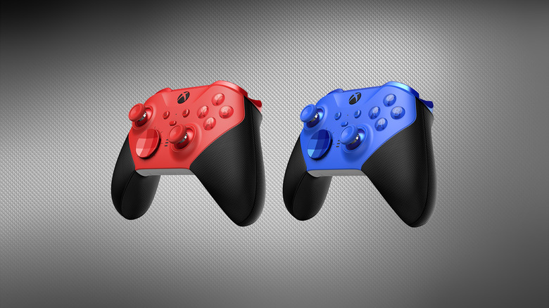 A red and blue Xbox Elite Series 2 Core controller with circular directional pads and rubberized grips.