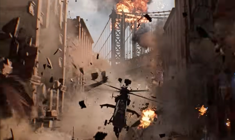 A helicopter crashing in a city.