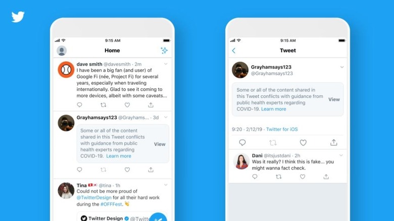 Twitter's own example for how it would label coronavirus misinformation. The President's false election fraud tweet was not treated in the same way.