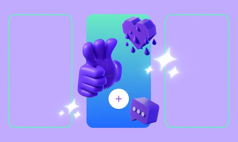 Twitch marketing image for its stories feature: digital image of a (seven-fingered) purple thumb giving a three-thumbed thumbs up. A weeping purple heart sits above it with a chatbox below. Light purple background.