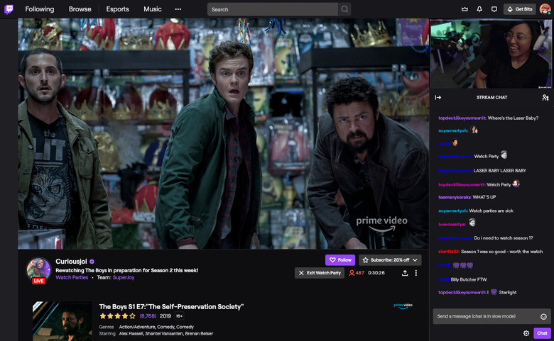 A screen capture of a Prime Video show being broadcast in a Twitch chatroom. 