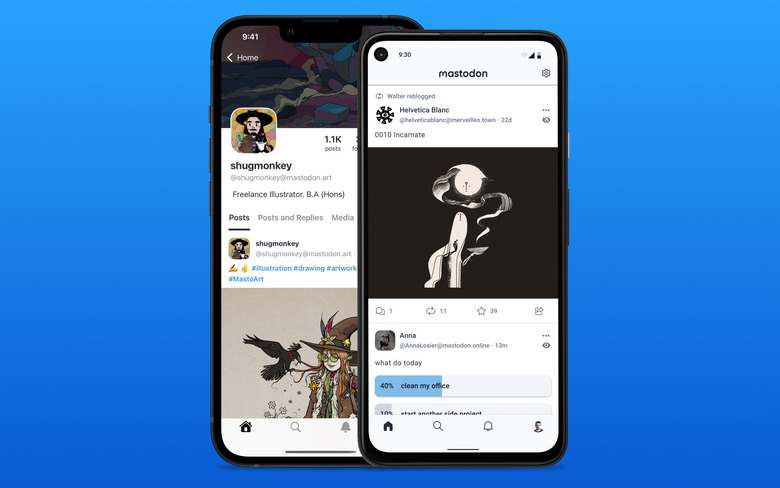 Social media platform Mastodon shown on the screens of two overlapping smartphones against a blue background.