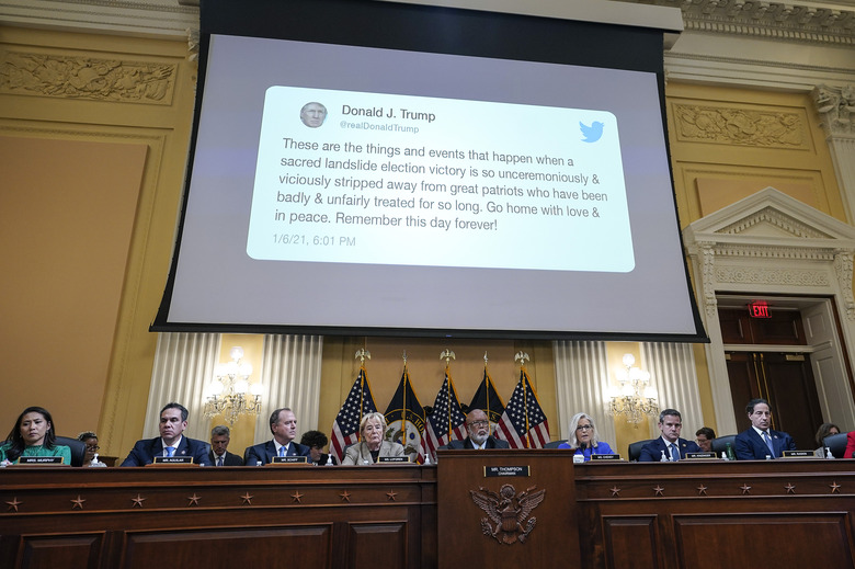 WASHINGTON, DC - JUNE 09: A tweet by former President Donald Trump is seen on a screen during a hearing held by the Select Committee to Investigate the January 6th Attack on the U.S. Capitol on June 09, 2022 on Capitol Hill in Washington, DC. The bipartisan committee, which has been gathering evidence related to the January 6 attack at the U.S. Capitol for almost a year, will present its findings in a series of televised hearings. On January 6, 2021, supporters of President Donald Trump attacked the U.S. Capitol Building during an attempt to disrupt a congressional vote to confirm the electoral college win for Joe Biden. (Photo by Drew Angerer/Getty Images)