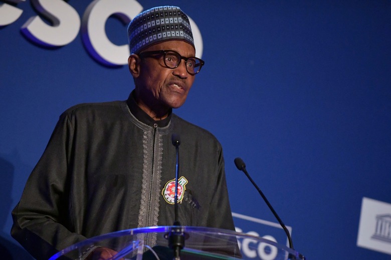 Nigeria's President Muhammadu Buhari gives a speech during the 75th anniversary celebrations of The United Nations Educational, Scientific and Cultural Organization (UNESCO) at UNESCO headquarters in Paris on November 12, 2021. (Photo by JULIEN DE ROSA / POOL / AFP) (Photo by JULIEN DE ROSA/POOL/AFP via Getty Images)