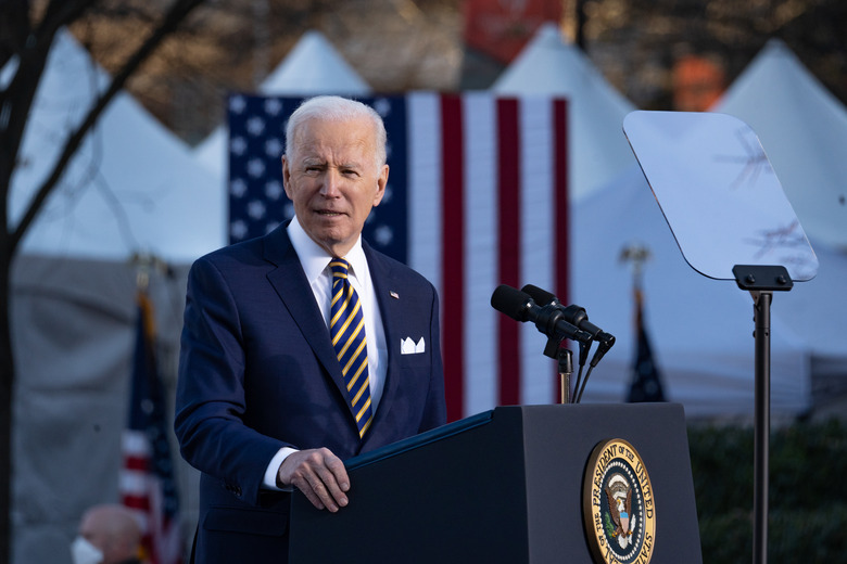 ATLANTA, GA - JANUARY 11:  U.S. President Joe Biden speaks to a crowd at the Atlanta University Center Consortium, part of both Morehouse College and Clark Atlanta University on January 11, 2022 in Atlanta, Georgia. Biden and Vice President Kamala Harris delivered remarks on voting rights legislation. Georgia has been a focus point for voting legislation after the state voted Democratic for the first time in almost 30 years in the 2020 election. As a result, the Georgia House passed House Bill 531 to limit voting hours, drop boxes, and require a government ID when voting by mail. (Photo by Megan Varner/Getty Images)
