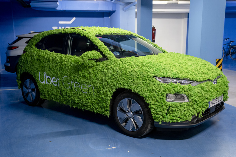 CEUTA, SPAIN - JANUARY 14: The vehicle promoting Uber Green, at the presentation of Uber Green, at Uber's headquarters, on 14 January, 2022 in Madrid, Spain. Uber Green is the 100% electric transportation service that the company is launching in the region. These vehicles are zero emissions and with this project, the company aims for 50% of the kilometers traveled in seven European cities, including Madrid, to be 100% zero emissions by 2025. (Photo By A. Perez Meca/Europa Press via Getty Images)