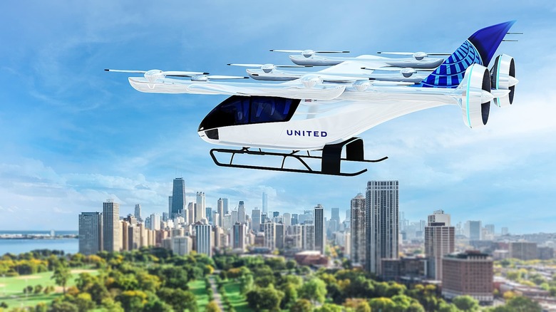 A render of an Eve flying taxi with United Airlines branding with a city in the background.