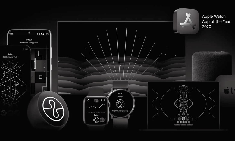 Marketing image for AI music company Endel. It features a black background with various electronic devices showing the Endel app.