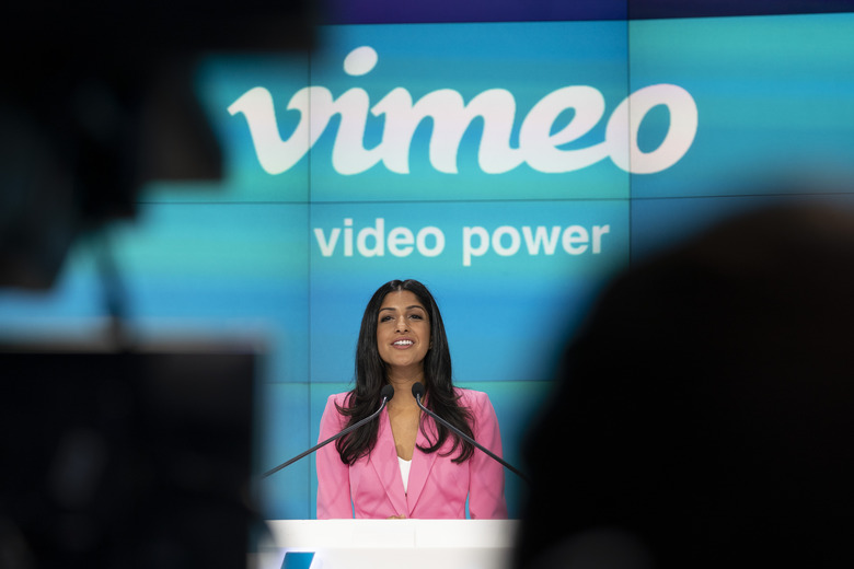 Anjali Sud, CEO of Vimeo, speaks during the company's direct listing on Nasdaq, Tuesday, May 25, 2021, in New York. The online video and software company is a spinoff from IAC. (AP Photo/Mark Lennihan)
