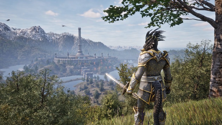 A lizard person holding a sword looking out over the capital city of Cyrodiil from Oblivion.