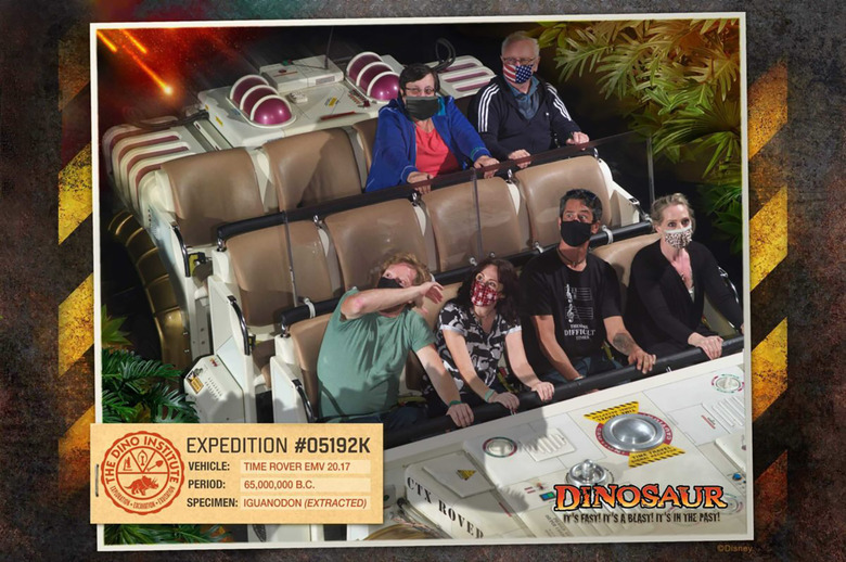 Face masks digitally edited on to guests on the Dinosaur ride at Walt Disney World