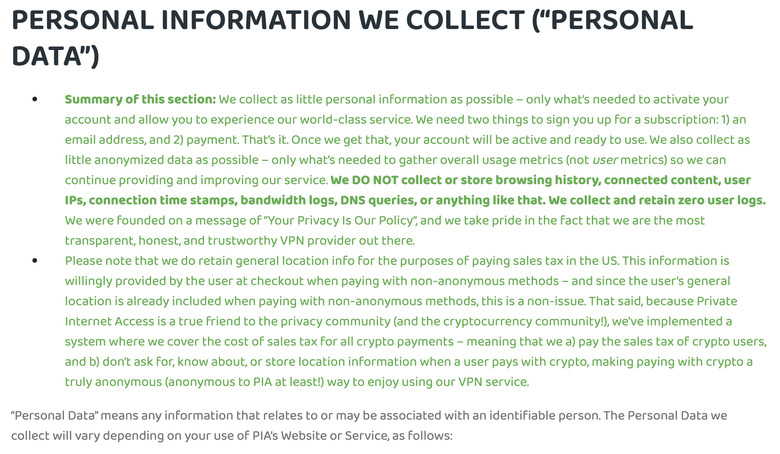 An excerpt from the privacy policy of Private Internet Access. 