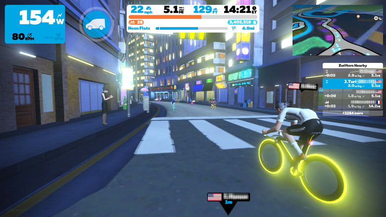 An in-game POV screenshot from Zwift's Makuri Islands: Neokyo expansion.
