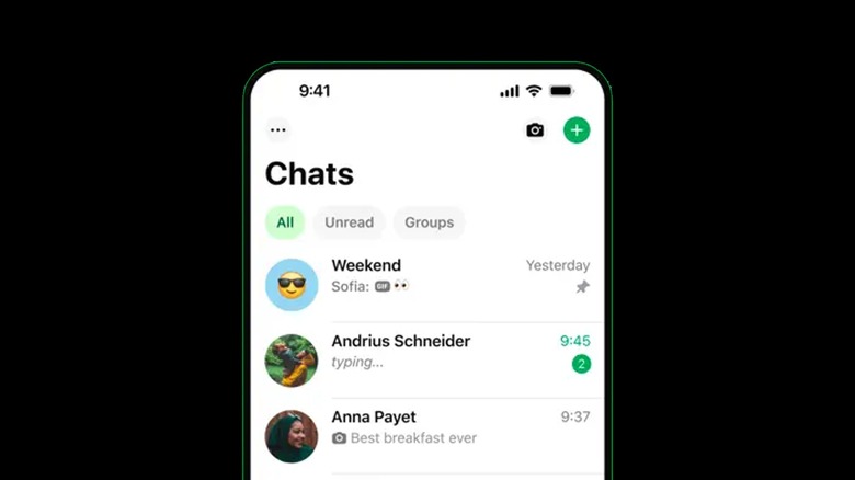 A render of the WhatsApp chat screen on an iPhone showing three conversations