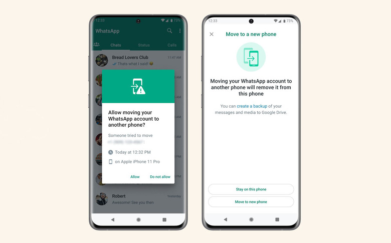 Screenshot of WhatsApp's new Account Protect feature. The next time you want to move your account to a new device, WhatsApp may ask you to verify the action through your old device. 