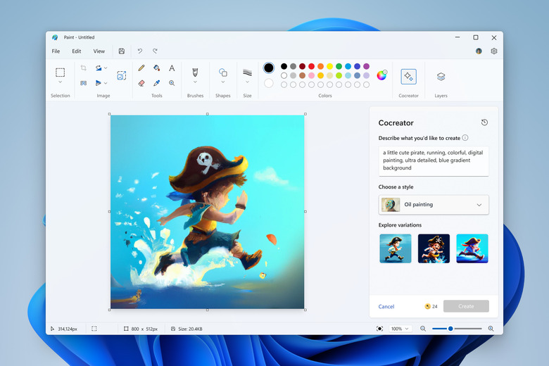 A screenshot of the Paint app in Windows 11, showing the Cocreator generative AI tool.