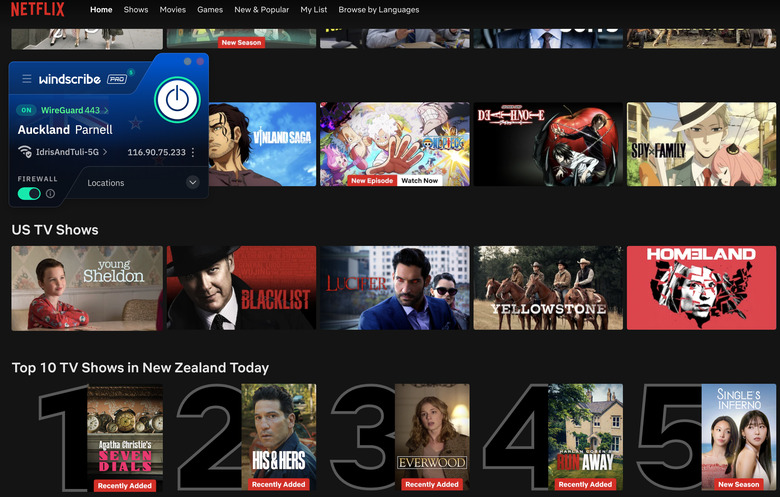A successful location change on Netflix using Windscribe.