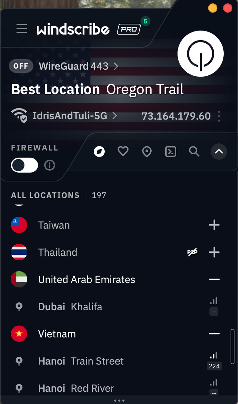 Windscribe's server selection list on the Mac app.