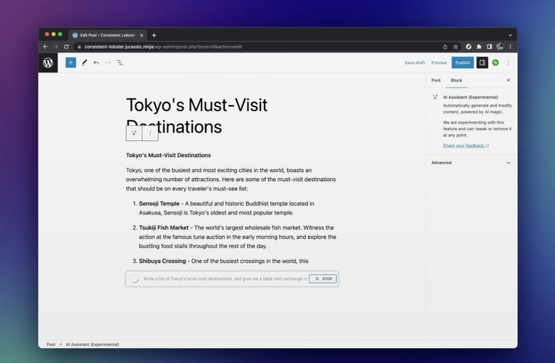 A screenshot of the new Jetpack AI tool for Wordpress. It shows a browser with an article in the midst of being written by AI.