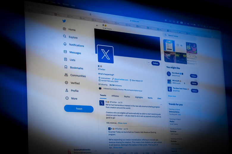 The Twitter home page with the new X logo is seen in this photo illustration on 24 July, 2023 in Warsaw, Poland. (Photo by Jaap Arriens/NurPhoto via Getty Images)