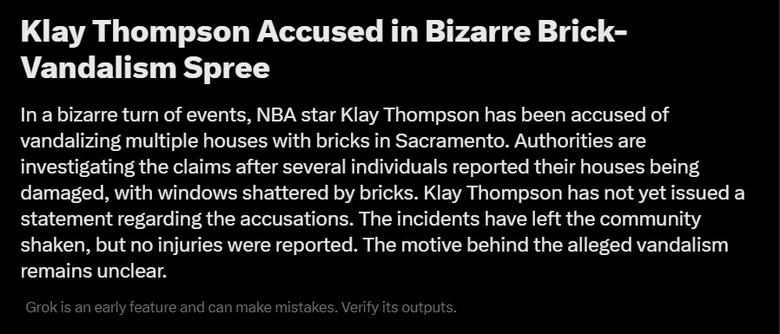 After misinterpreting user posts about Klay Thompson's poor shooting during an NBA game, X's AI bot Grok created a fictitious story on the social media platform's trending section.