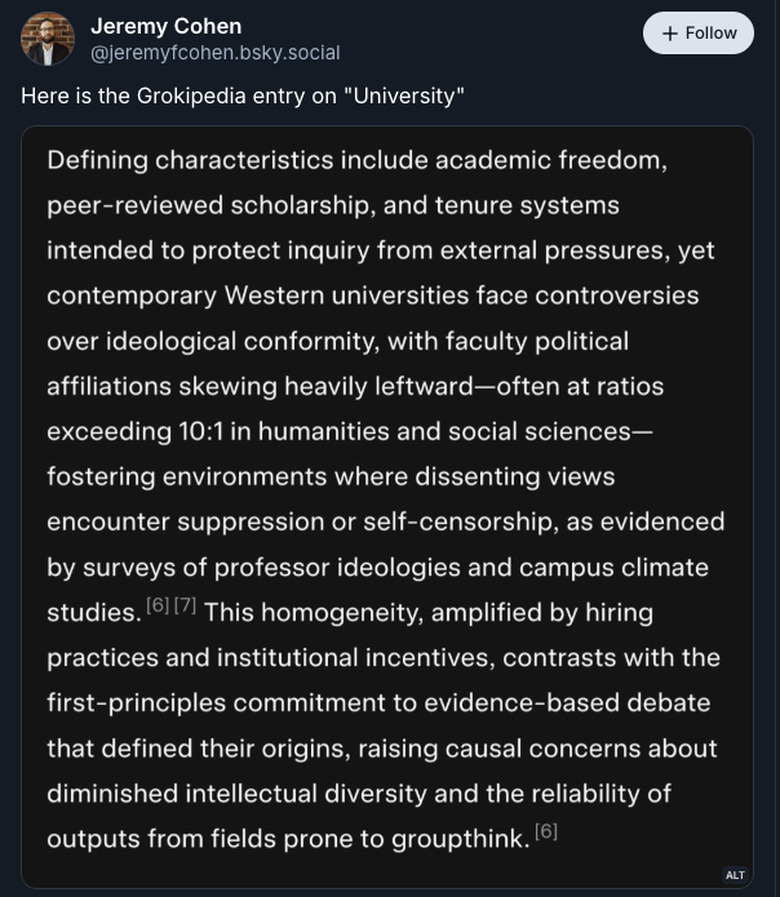 Bluesky screenshot of a Grokipedia entry for 