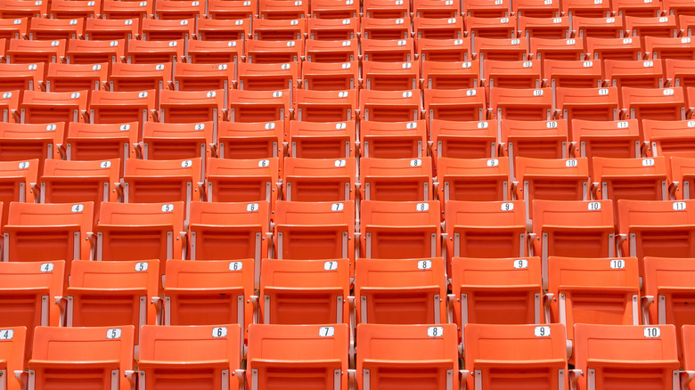 Stadium seat rows in sports arena for football or soccer game, public theatre, concert hall amphitheater with empty red audience chair for outdoor sporty recreational background