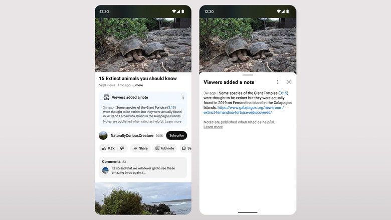 Two phone screens showing a mockup of the upcoming community notes feature on YouTube. The video shows 
