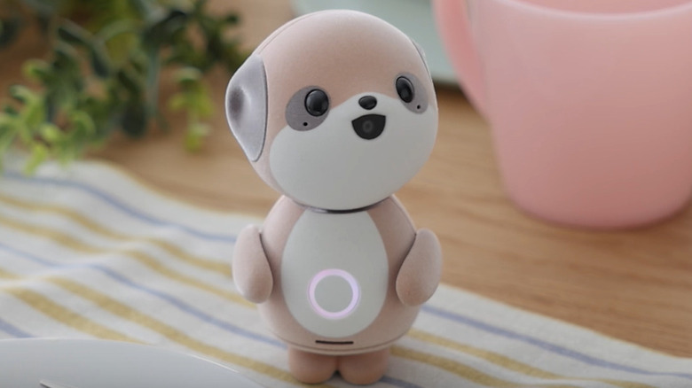 Small, meerkat-inspired AI robot, Poketomo, sitting on table ready to interact.