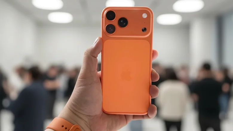 Orange iPhone 17 Pro held in hand