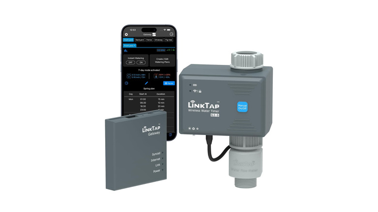 Product picture of LinkTap G2S Smart Garden Hose Timer + app on phone screen.