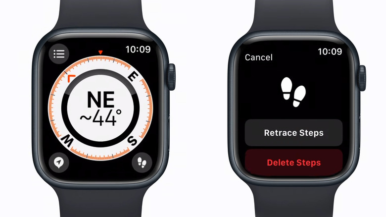 Two Apple Watches, showing the Compass app (l) and "Retrace steps" (r)