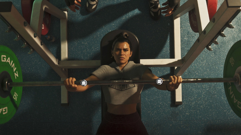 Lucia using a bench press in Grand Theft Auto 6