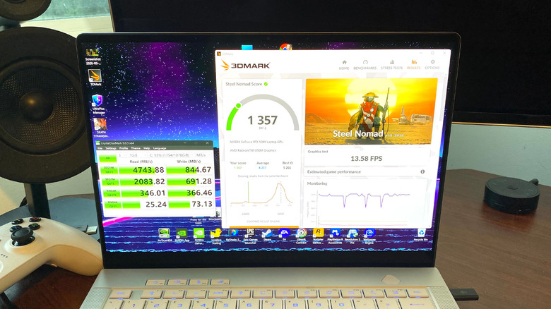 3DMark and CrystalDiskMark app windows running on a gaming laptop.