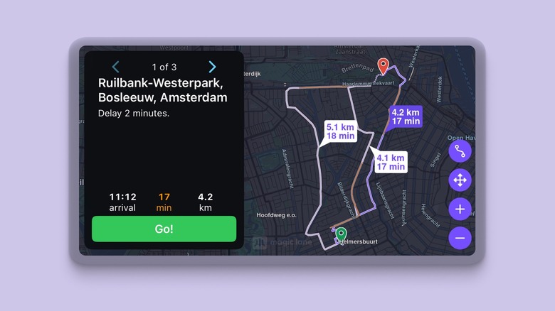 The Magic Earth app on CarPlay, showing route suggestions.